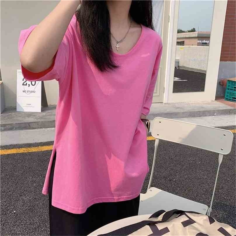 

Summer Short-Sleeved Solid Split Pullovers Basewear Basic Chic Loose Tops Casual Tee Retro Gentle T-shirts 210525, Yellow