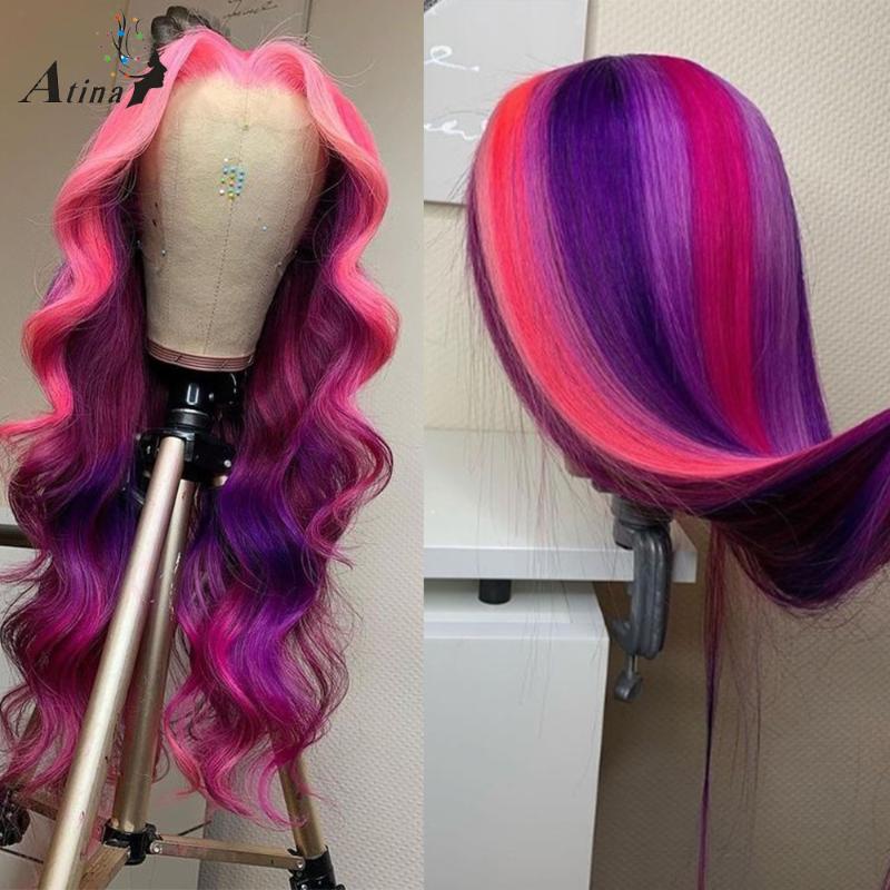 

Lace Wigs Body Wave Colored Purple Pink Front Human Hair Wig Glueless Remy HD Transparent For Black Women Full Closure 130 Atina, As pic