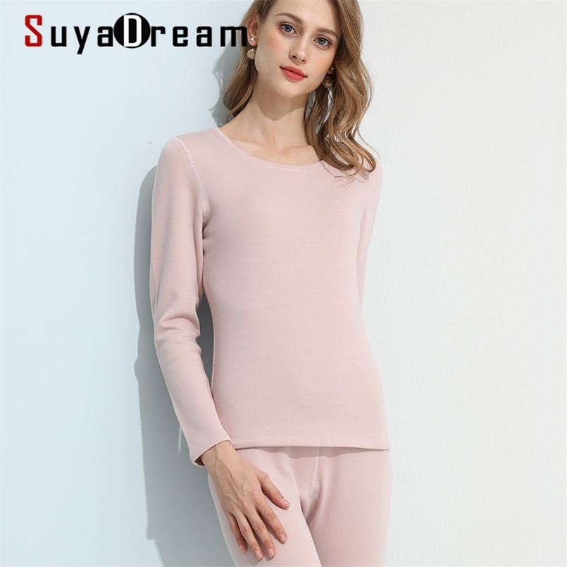 

SuyaDream Women Fleece Warm Long Johns 100%Natural Silk Brushed Solid Winter Thermal Pink Nude Underwear 211110