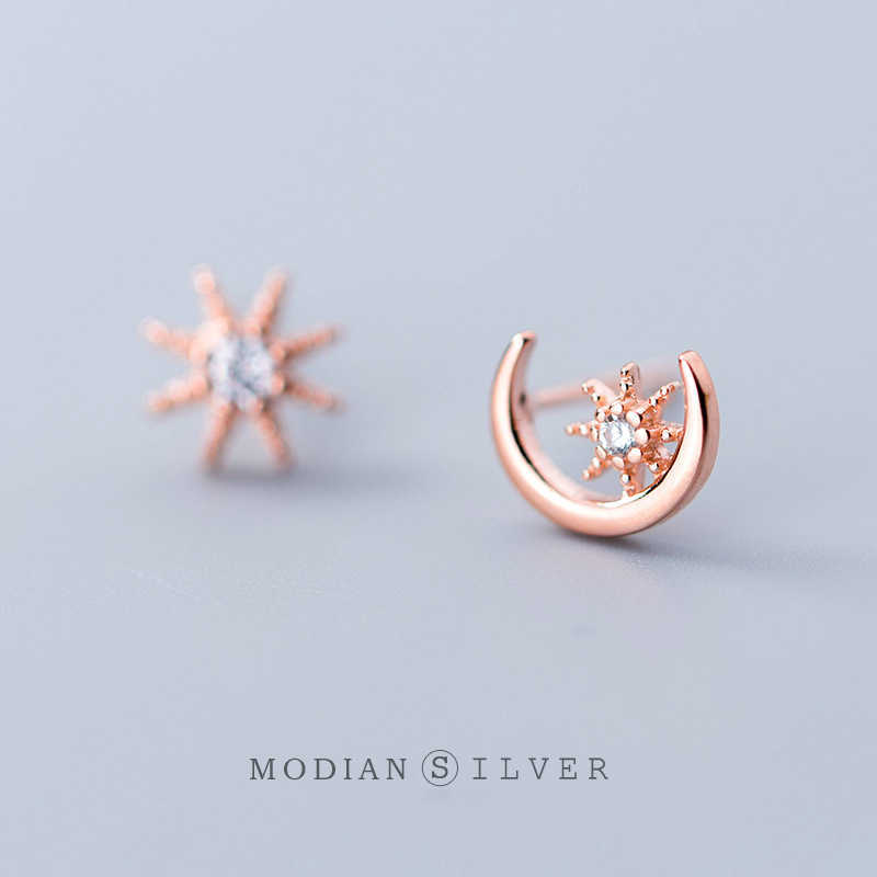 

Collection 925 Sterling Silver Moon And Sun Stud Earrings for Women Rose Gold Color Jewelry 210707