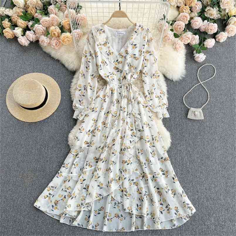 

Elegant Floral Print Women Dress Fashion Spring Summer V-neck Full Sleeve Elastic Waist Irregular Ruffles Beach Maxi 210603, Apricot