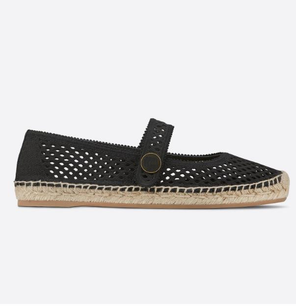 

Women Espadrille Dress Shoes Flat Openwork Mesh-like Embroidered Cotton Designer Lady Strap Lace Low-cut Upper Rope Gold Star Rubber Sole Ballerina, Black