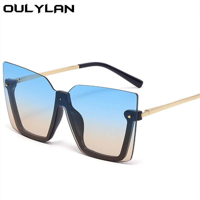 

Sunglasses Oulylan Oversized Rimless For Women 2022 Fashion Big Frame Metal Sun Glasses Men Blue Tea Gradient Eyewear UV400