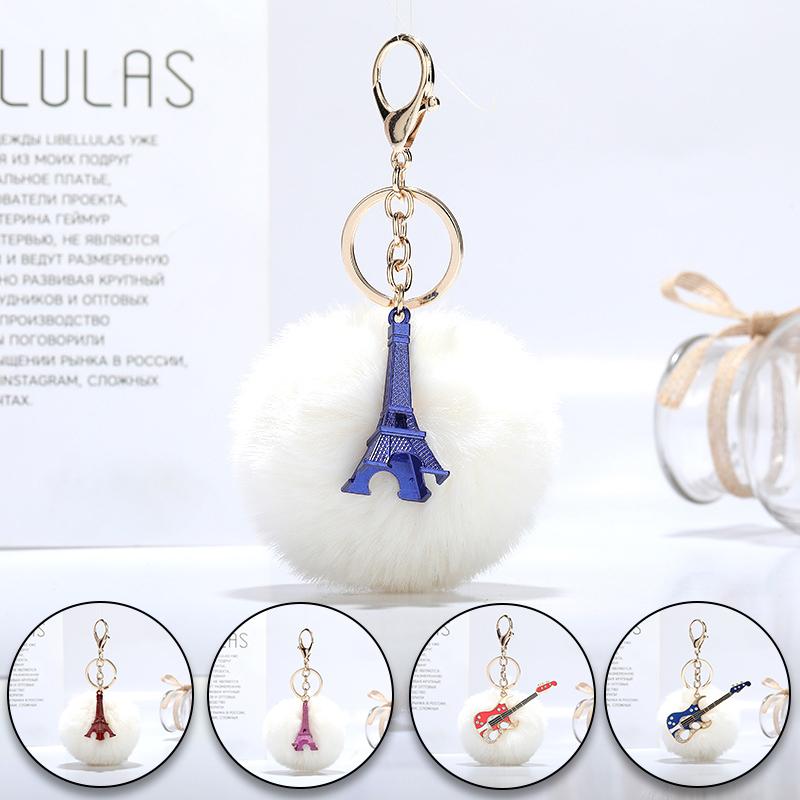 

Keychains Cute Fur Key Chain Guitar Violin Tower Ornaments Fake Ball Fluffy Pompom Bag