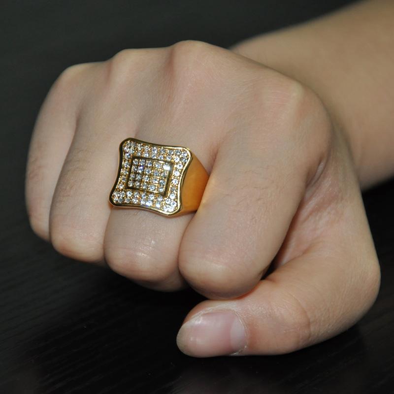 

Cluster Rings HIP Hop Gold Color 316l Stainless Steel Micro Pave Rhinestone Iced Out Bling Square For Men Jewelry, Golden;silver