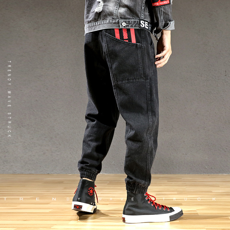 

2021 New Fashion Streetwear Black Loose Fit Harem Printed Designer Cargo Pants Japanese Style Hip Hop Jogger Jeans Men 2fzn