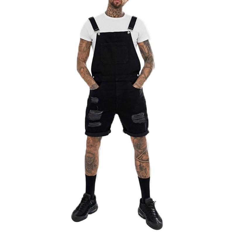 

Fashion Men's Jeans Jumpsuits Summer Retro Distressed Denim Bib Overalls For Men Male Classic Suspender Short Pants, Bk