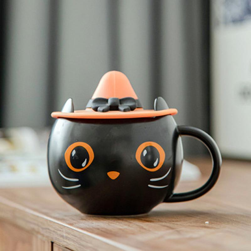 

Mugs Mysterious Cat Mug Cute Ceramic Cup Halloween Spoon With Lid Couple Gift Coffee Set Look 2022