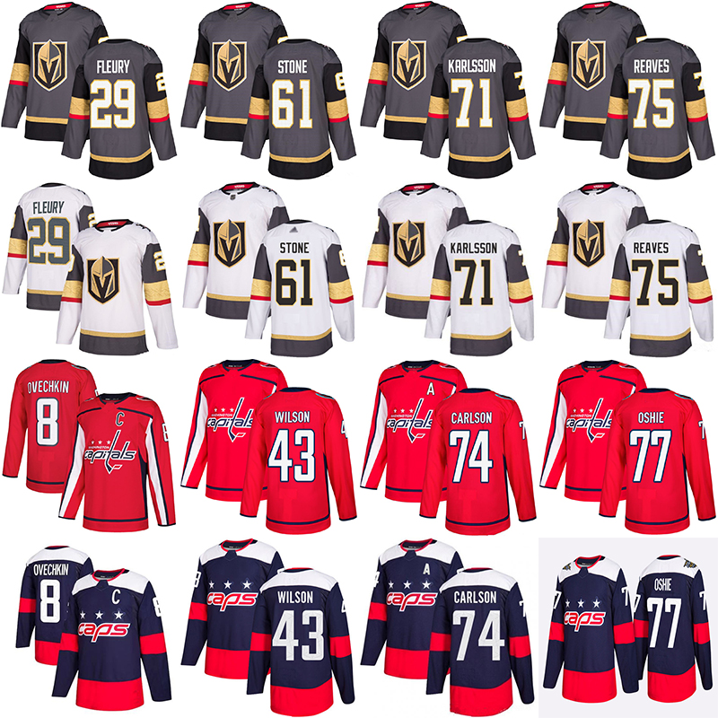 

8 Alexander Ovechkin hockey jerseys 74 Carlson 77 Oshie 43 Tom Wilson 29 Fleury 75 Ryan Reaves 71 William Karlsson 61 Mark Stone, White 71