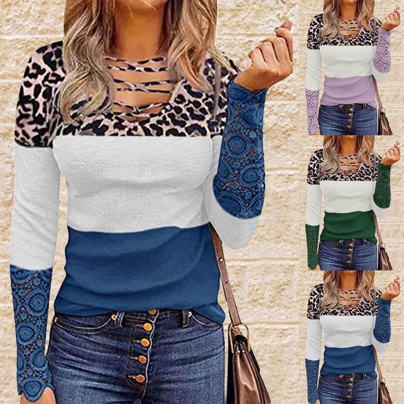 

Women' T-Shirt Long-Sleeved V-Neck Lace Stitching Tunic Jacket Front Cut-Out Top Shirt Tops Winter Fashion Casual, Blue
