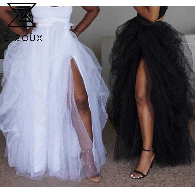 

Women Skirt Asymmetry Split Sexy Mesh Skirts  Black White Plus Size Long High Waist Fashion 210524