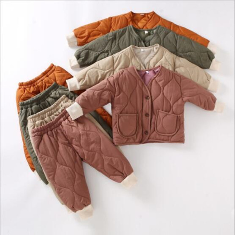 

2021 New Thick Warm Children Homewear Baby Boys Girls Cotton Clothing Set 2pcs Jacket Coat Outerwear+pants Kids Winter Tracksuit 53no, Gold