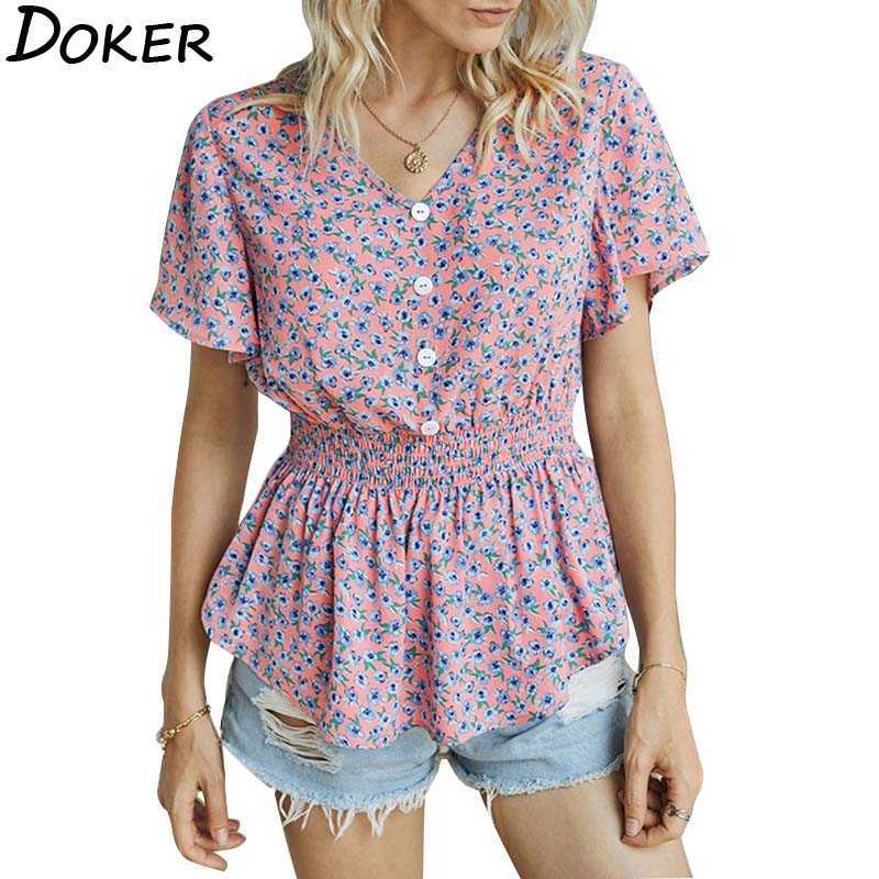 

Floral Print Button Folds Waist V Neck T Shirt Women Irregular Hem Casual Office Tops Loose Summer Female Blouse 210604, Blue