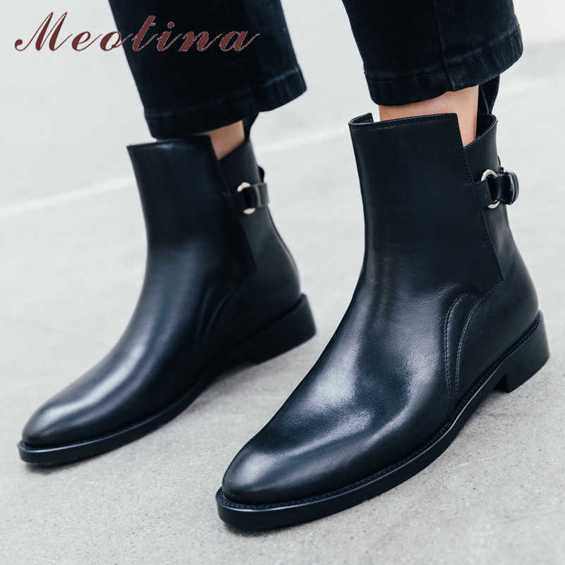 

Meotina Autumn Ankle Boots Women Boots Natural Genuine Leather Flat Short Boots Cow Leather Buckle Shoes Lady Spring Size 34-39 210608, Black