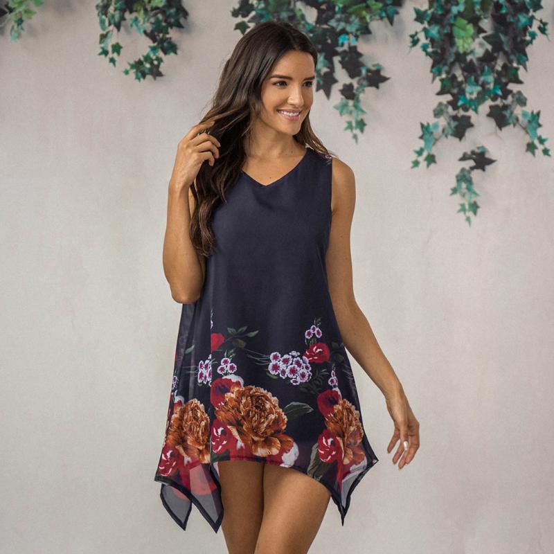 

Women' Swimwear Top Selling Women Plus Size Floral Print Chiffon Sleeveless Irregular Hem Mini Dress Support Wholesale With V-Neck, Black