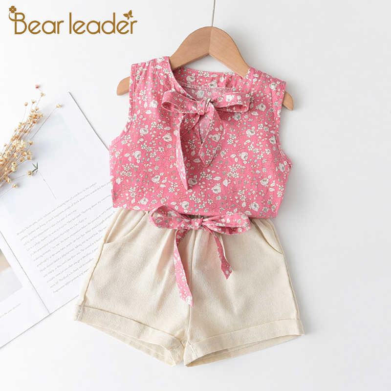

Bear Leader Girls Floral Print Clothing Sets Summer Kids Girl Bowtie Outfits 2Pcs Children Sleeveless Suits Casual Sets 210708, Ax1134blue