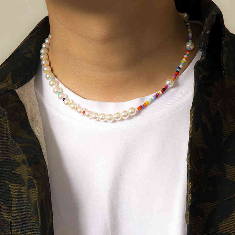 

Boho Colorful Handmade Beaded Short Collar Clavicle Chain Imitation Pearl Necklace for Men Women Girls 2021 New Korean Jewelry G1206