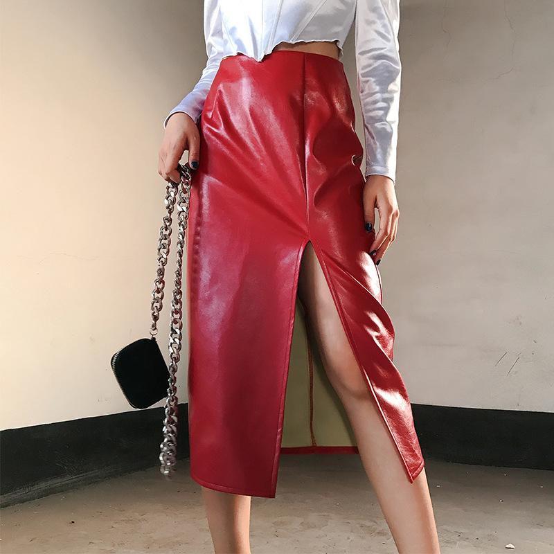 

Skirts JY 2021 Women Sexy Leather PU Zipper High Waist Split Jupe Bodycon Party Ladies Pencil Skirt, Red