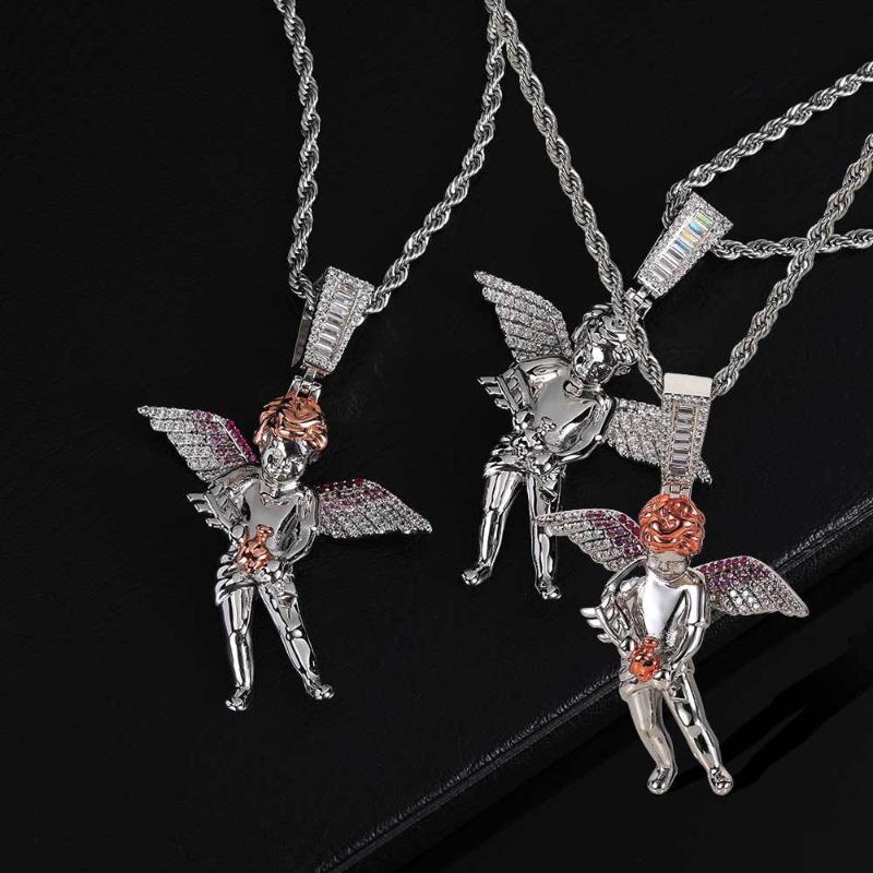 

Pendant Necklaces Fashion Hip Hop Micro Cubic Zircon Wine Bottle Cupid Angle Necklace With Stainless Steel Rope Chain Rapper Jewelry