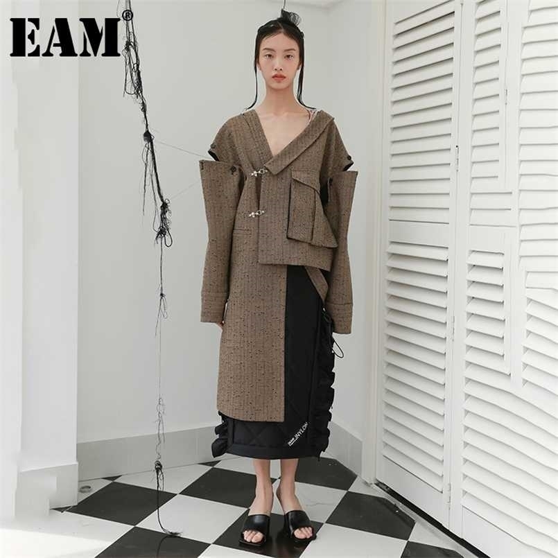 

[EAM] Loose Fit Big Size Irregualr Pocket Woolen Coat Parkas Long Sleeve Women Fashion Autumn Winter 1DD2175 211110, Camel