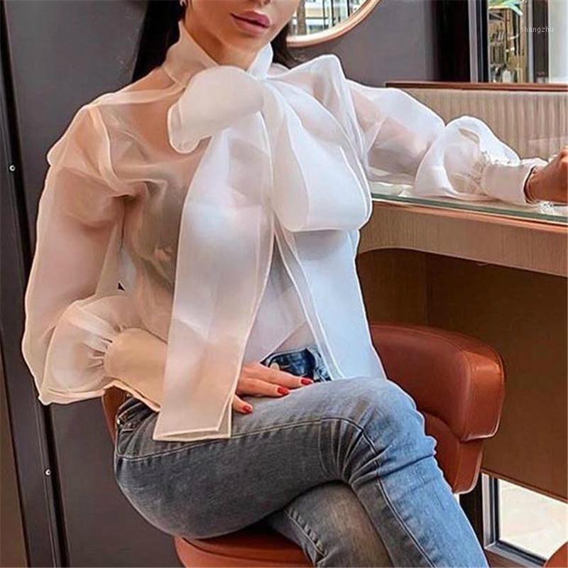 

Women' Blouses & Shirts Women Tops 2021 Summer Long Sleeve Solid White Blouse Fashion Big Bow Tie Elegant Office Lady Transparent Shirt Top, As pic