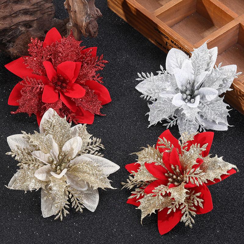 

Christmas Decorations 10pcs Glitter 14cm Artificial Flowers Xmas Tree Decor For Home Party 2022 Navidad Year Ornaments Gift