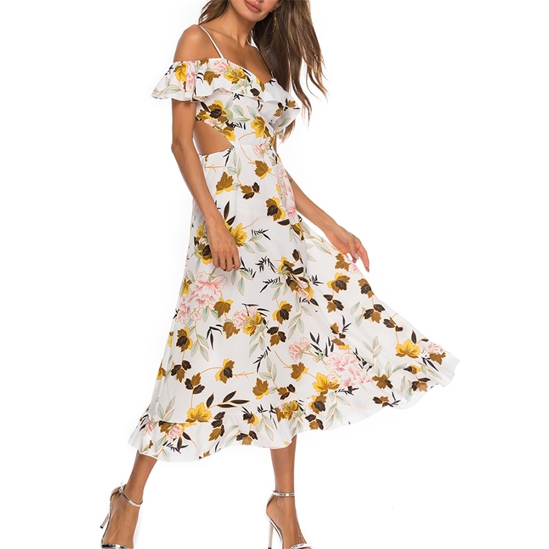 

YY new women' printed swing suspender lace beach skirt dress, White