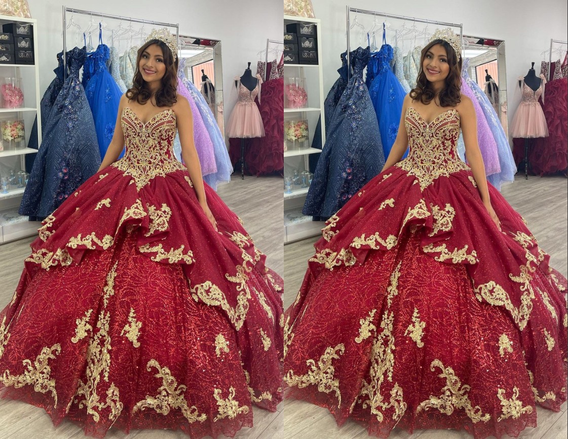 

Gorgeous Gold Embroidery Burgundy 2022 Ball Gown Quinceanera Dresses Sweetheart Pearls Beaded Applique Tulle Sweet 15 16 Charra Prom Evening Formal Party Dress, Royal blue