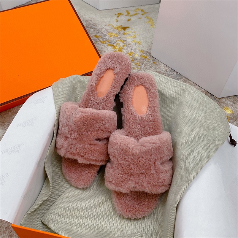 

2021 Designer fur Oran sandal Women Casual Slippers Black Pink woolskin Slides Upper Flat Slipper Flip Flops Casual Shoes With Box 328, Color 1