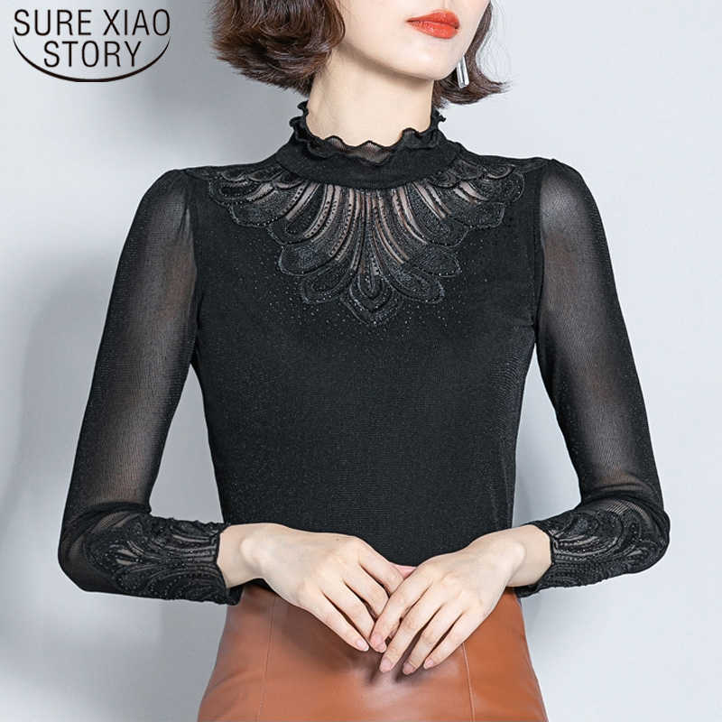 

Autumn Winter Long Sleeve Shirt Women Korean Version Mesh Lace Base Women Shirts Office Lady Slim Regular 6466 50 210527, Black