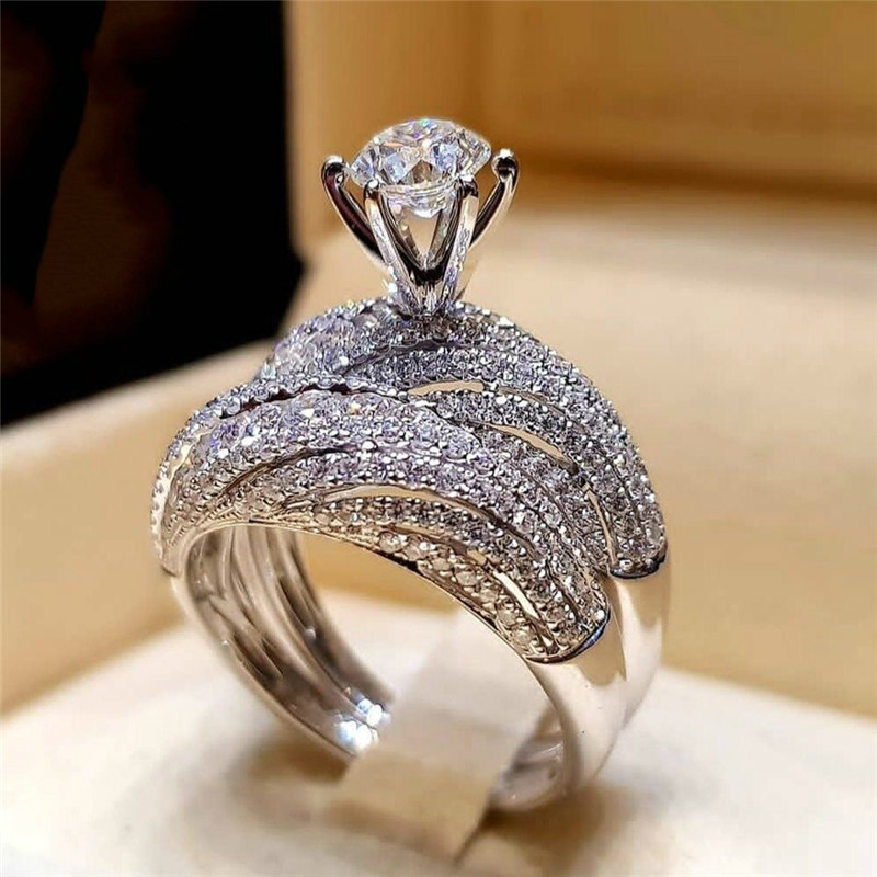 

2pc/set Elegant Cubic Zircon Rings Set for Women Engagement Crystal Anillos Wedding Ring Bridal Bague Jewellery Mujer Female L0220, Slivery;golden