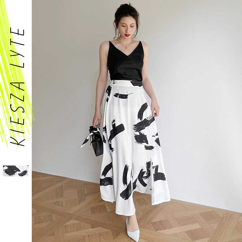 

Women White Print Midi Skirt Spring Summer Elegant Elastic High Waist A line Skirts Female Faldas Mujer Moda 210608