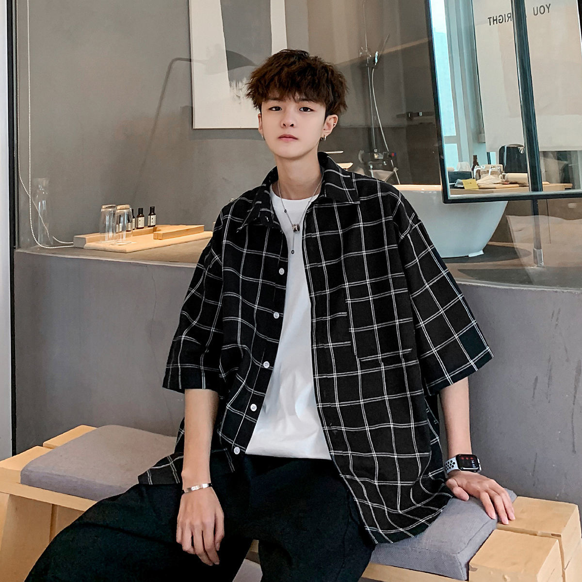 

2021 New Summer Men's Lattice Printing Short Sleeve Hawaiian Shirt Loose Fashion Camisa Masculina Streetwear Coat Cotton Shirts X2lw, Black