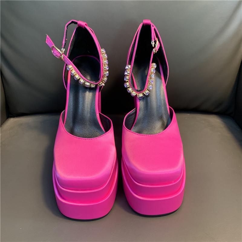 

Women's Platform Sandals High Heels Rhinestone Ankle Buckle Satin Wedding Shoes Luxury Brand Chunky Heel Party Shoes Designer Ladies Pumps Nightclub Stage Femmes, Custom color