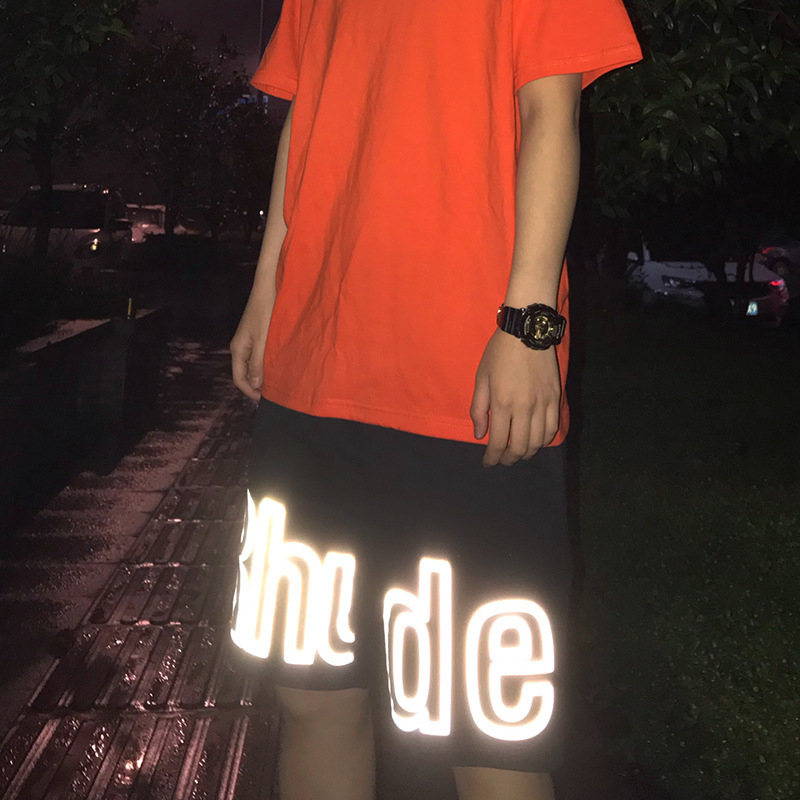 

Fashion 2021 brand rhude sports shorts men' loose large letter reflective Capris summer ins hip hop lovers pants women' pants, Black regular