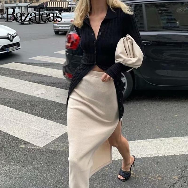 

Casual Dresses Bazaleas Streetwear Black Turn Down Collar Women Dress Fashion Long Sleeve Vestidos Center Buttons Slim V Neck, 20802 black dj18