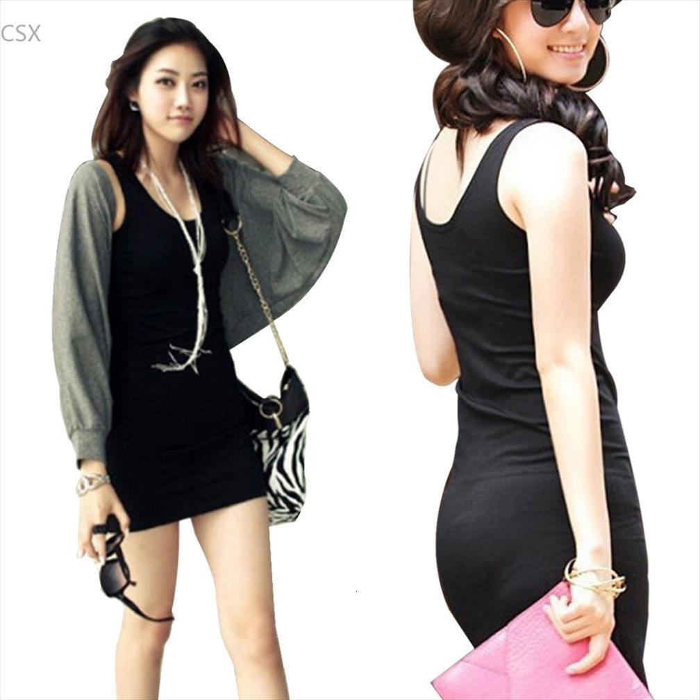

mwoiiowm vintage bodycon sleeveless women dress casual long tank t shirt mini 10 colors, Black;gray