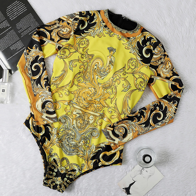 

One Piece Bikini Womens Swim Wear Swimsuit Women Retro Onepiece Brand Long Sleeve Print Polyester Swim Wear Trikinis Rushguard T200509, Yellow