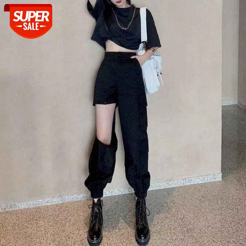 

high waist beam pants women summer 2020 new cotton Korean version of the loose asymmetric hole black overalls trousers female #wz5P, Black;white