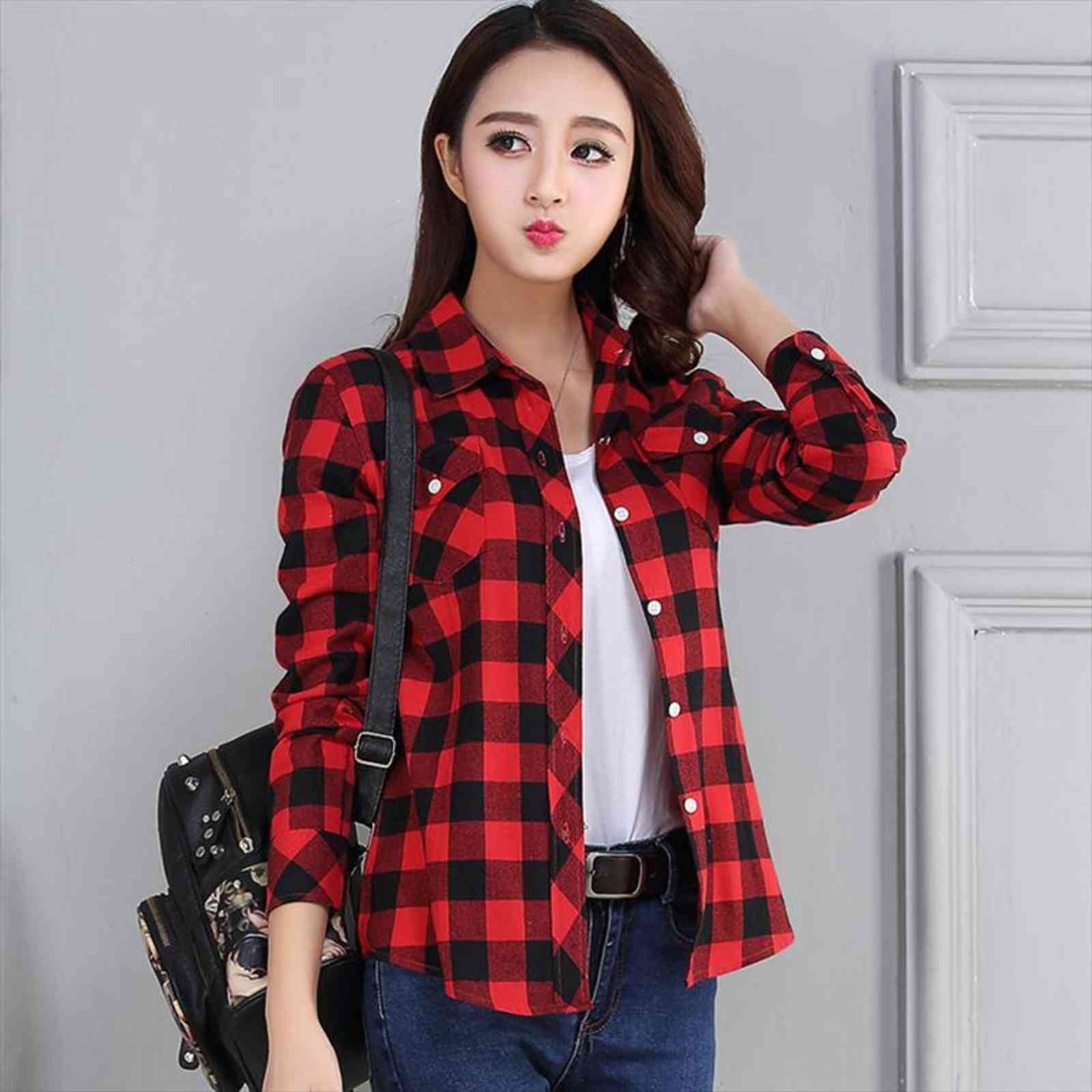 

vintage plaid cage womens blouses long sleeve casual slim plus size office lady red, White