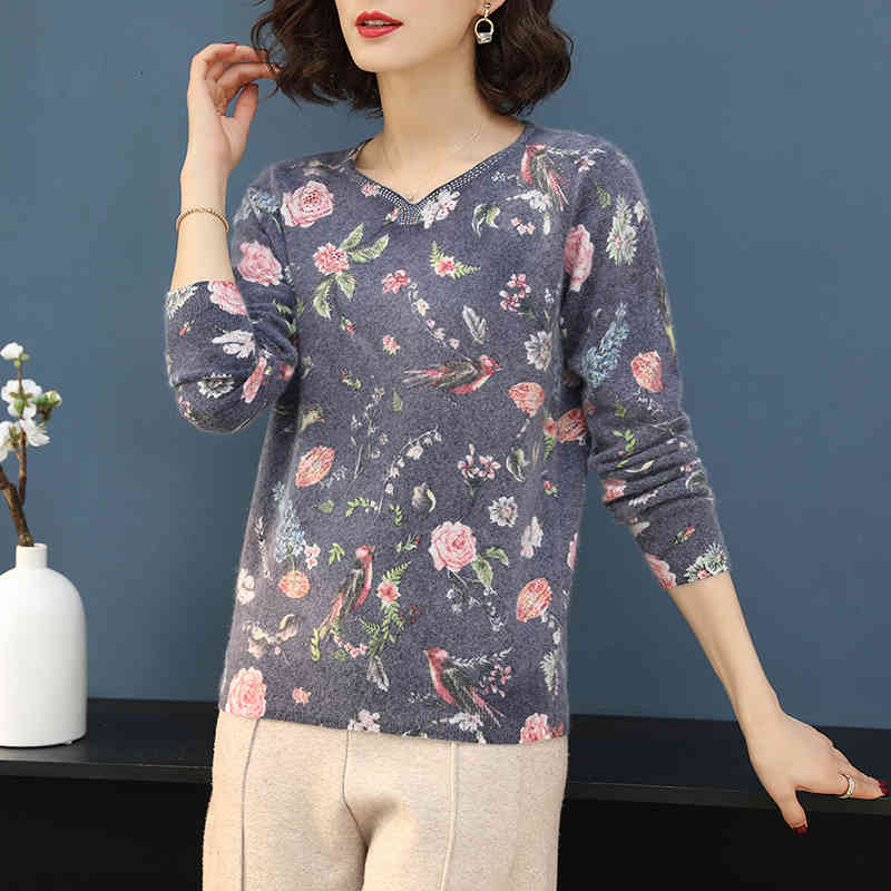 

Women's Sweaters YISU Printed sweater Women Autumn Winter Sweater Fashion Floral bird pattern Pullover Casual Loose long Sleeves FXXT ZS0O, White;black