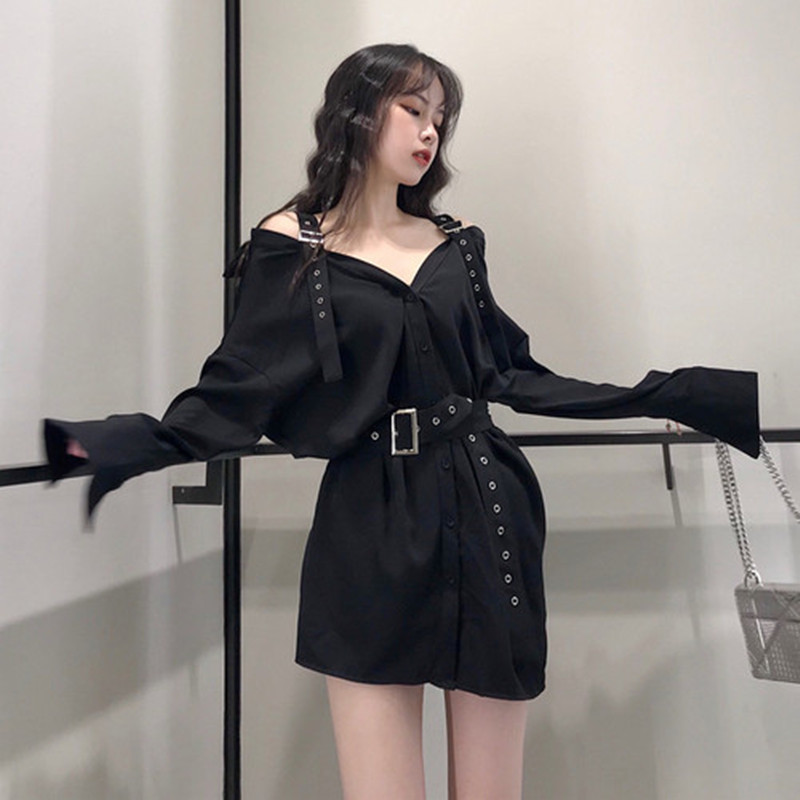 

ZAWFL High Quality Slash Neck Strapless Shirt Sashes Design Medium-long Blouse Dress Chic Long Sleeve Blusas Tops 210525, Black