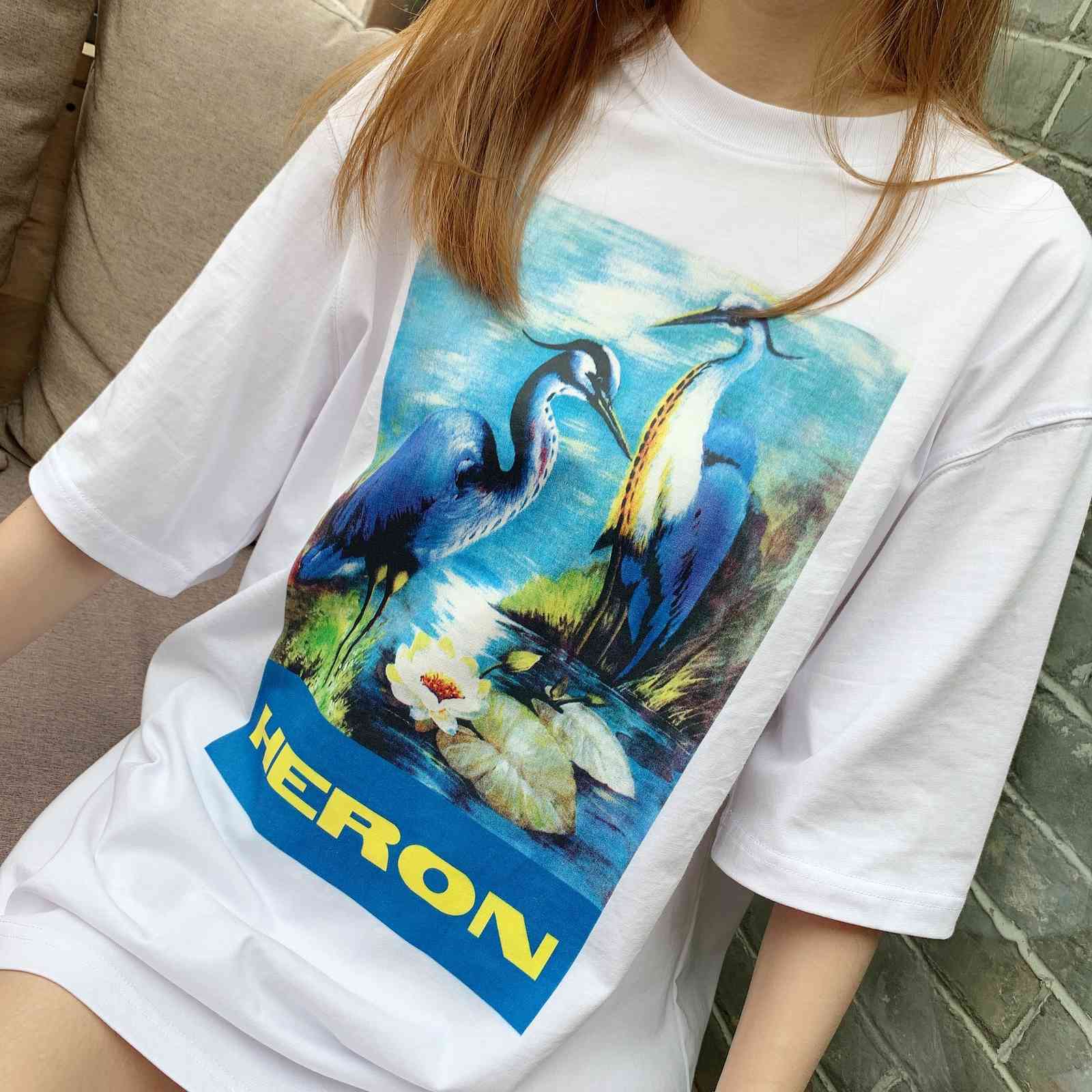 

Prestons Heron new classic crane loose print tee Meichao 2020ss, White;black