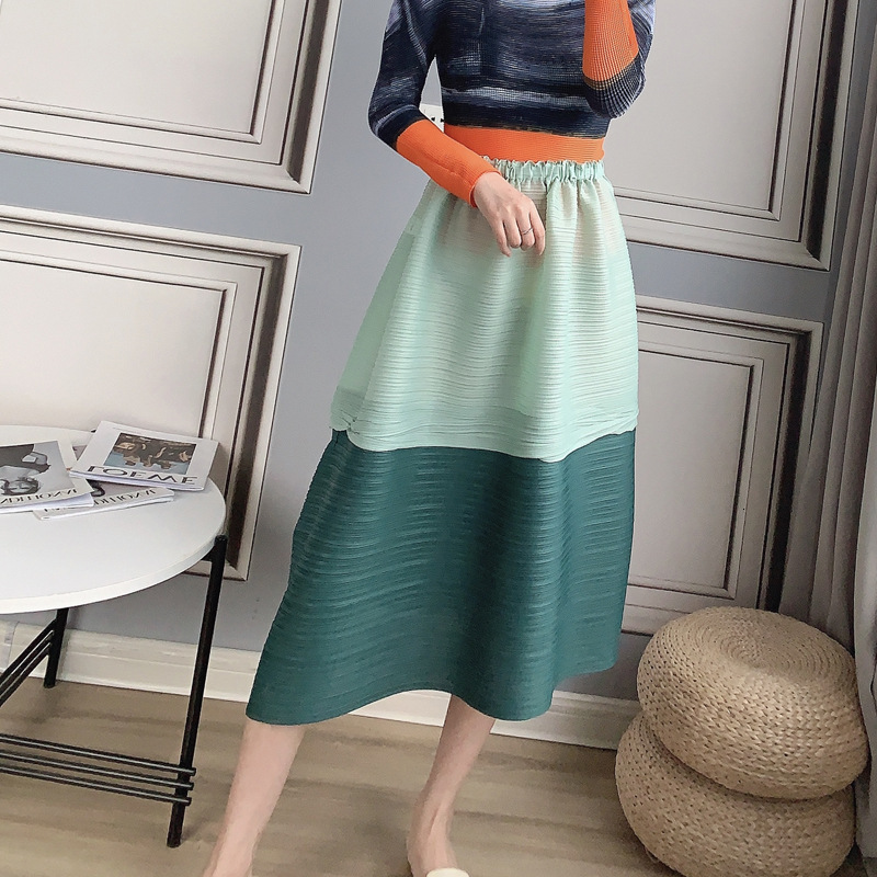 

2021 New Pleated High Waist Fall Korean Style Stitching Color Split A-line Women Plus Szie Skirt An2o, Green