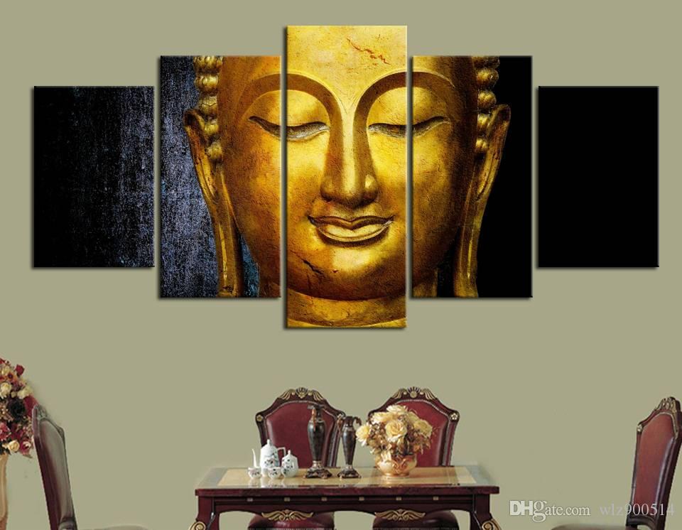 

Wall Art Poster Canvas Pictures Modular 5 Pieces Gold Buddha Paintings Kitchen Restaurant Decor Living Room