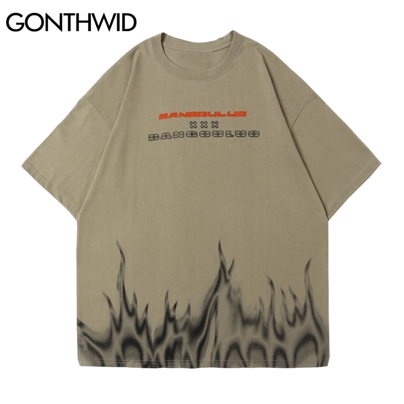 

Tees Shirts Hip Hop Streetwear Men Flame Fire Print Short Sleeve T-Shirts Summer Casual Harajuku Cotton Fashion Tops 210602, Black