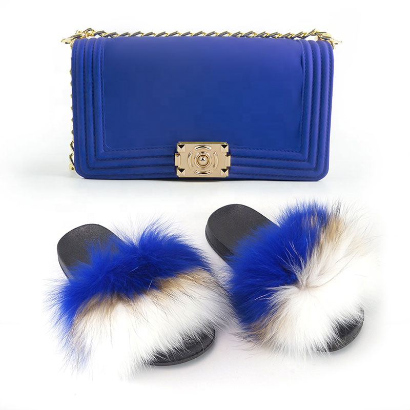 

Rainbow color shoulder designer handbags raccoon real fox fur slides sets and purse set jelly purses with slippers