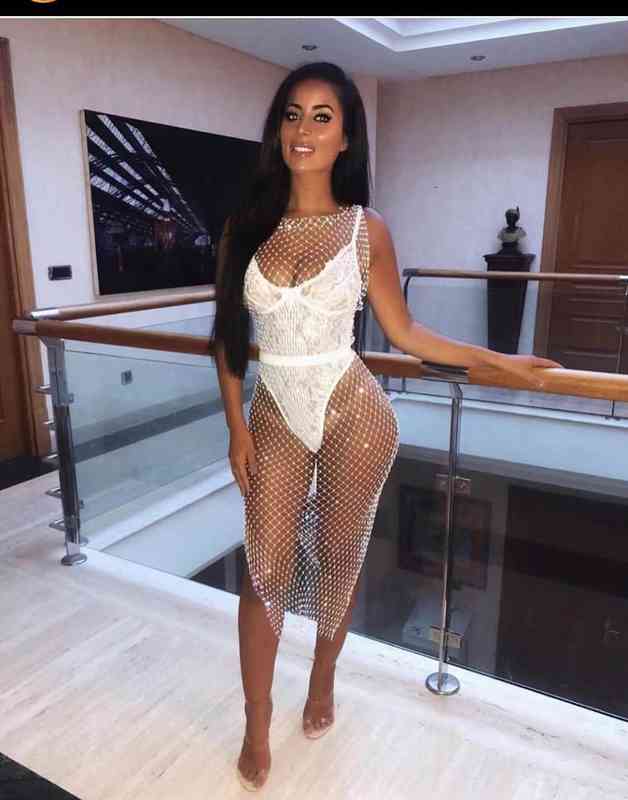 

Ladies Sleeveless Round Neck Fashion Fishing Net Perspective Sexy High Elastic Dress, Black;gray