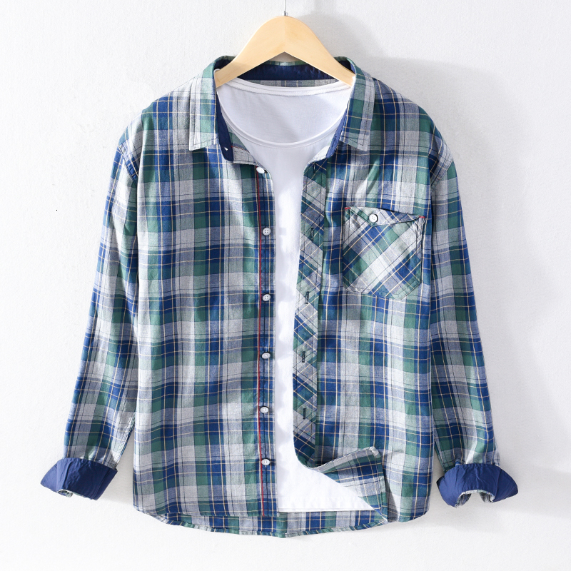 

2021 New Nova Chegada Manga Comprida Marca De Algodo Xadrez Camisas Na Moda Homem Casual Confortvel Camisa Masculina Para Nier, Green