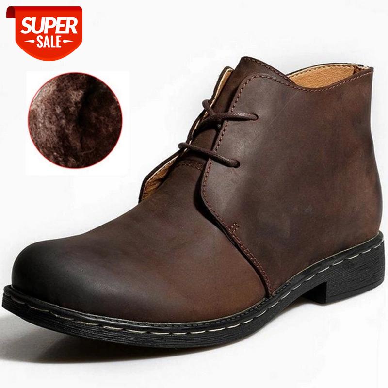 

2019 Winter Men Boots Fashion Warm Plush Genuine Leather Cowboy Ankle Boots Men's Casual Shoes Snow #An0Z